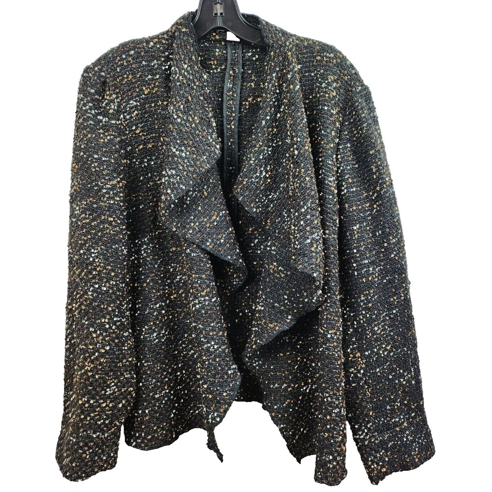 Coldwater Creek Ruffle Tweed Jacket Womens Large Brown Black Open Office Carrier